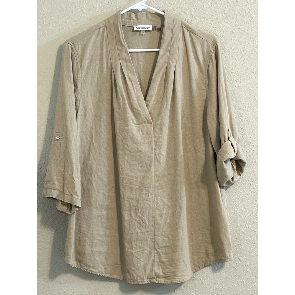 Lagenlook Quiet Luxury Calvin Klein Womens Beige Linen Blend V-Neck  Tunic Lg
